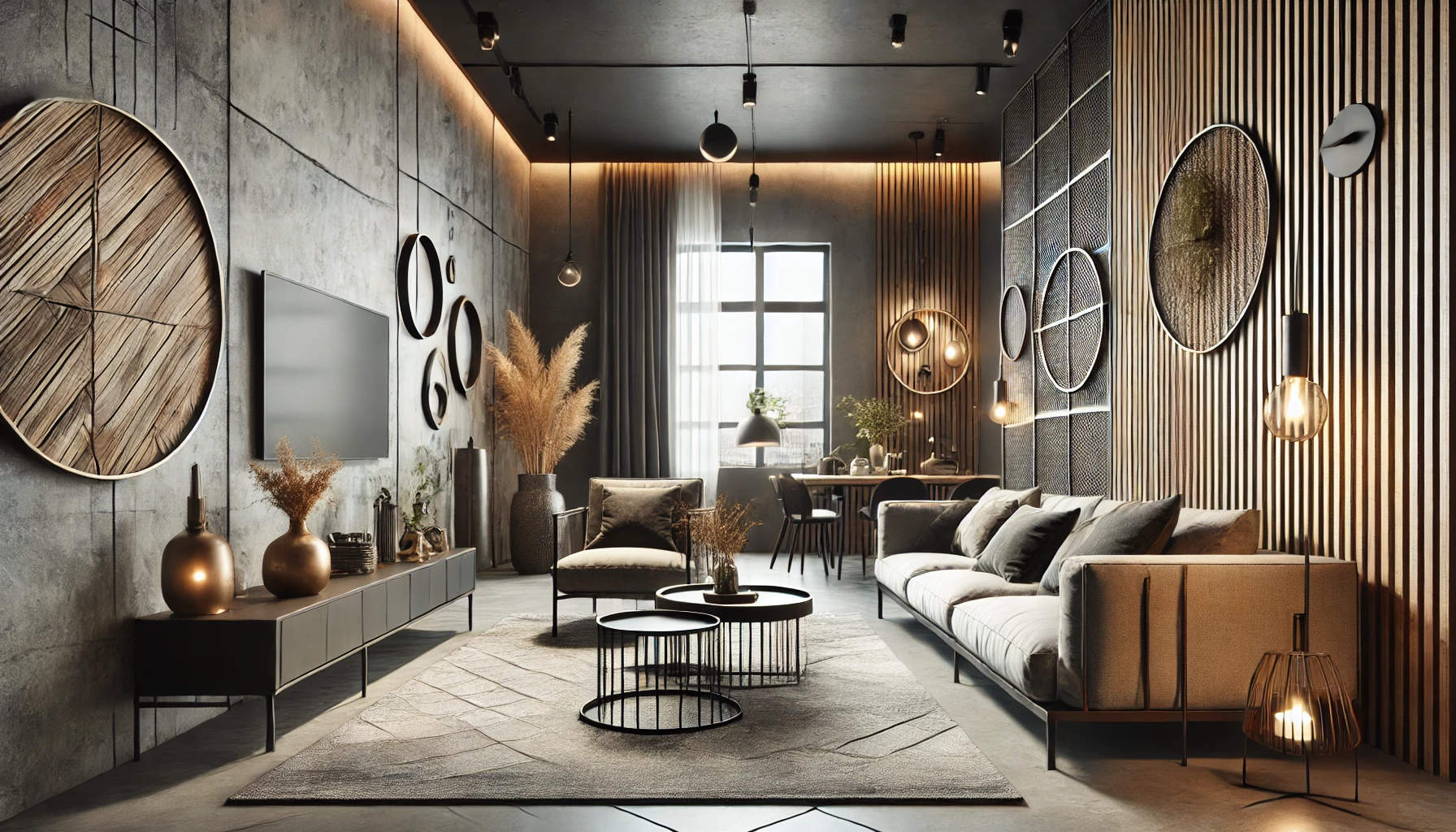 A modern living room showcasing minimalist furniture and contemporary knick-knacks. The room features neutral tones on the walls and ceiling, sleek fu