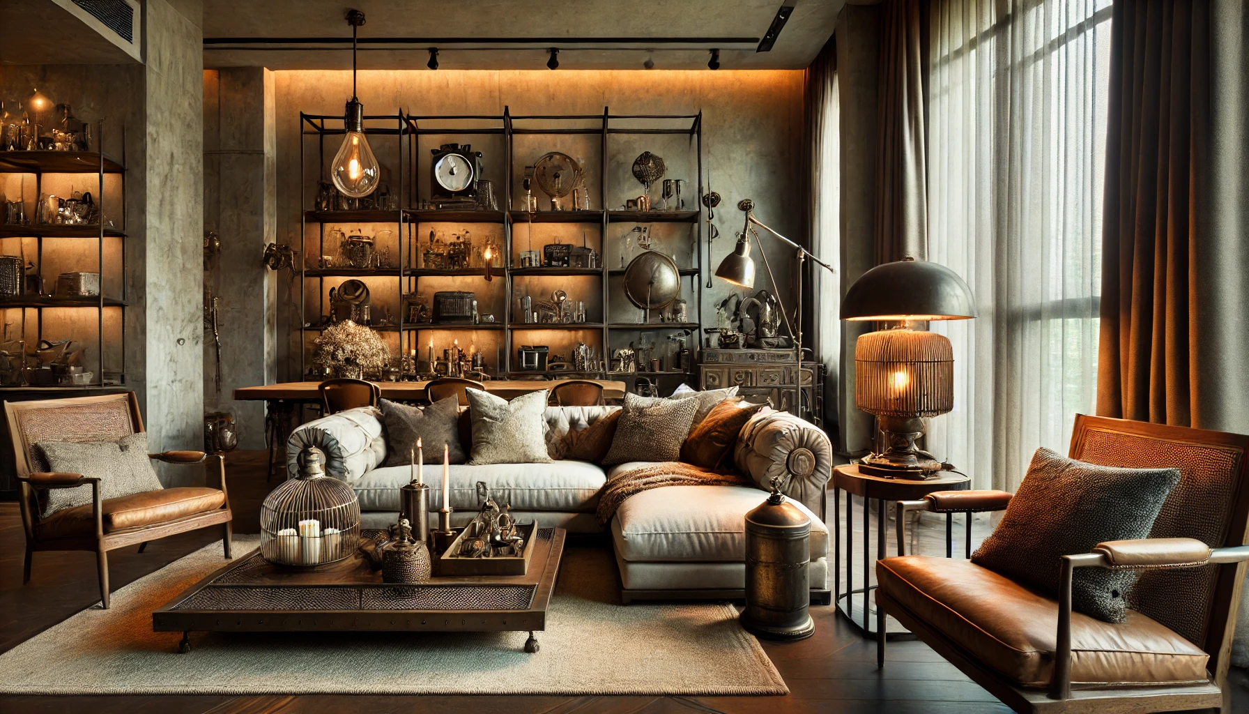 An elegant living room with beautiful industrial decor items and rustic accents. The decor is sophisticated with a mix of modern and industrial elemen