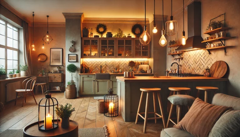 A cozy kitchen with soft, ambient lighting from industrial decor accessories and rustic elements. The room features a blend of modern and industrial d