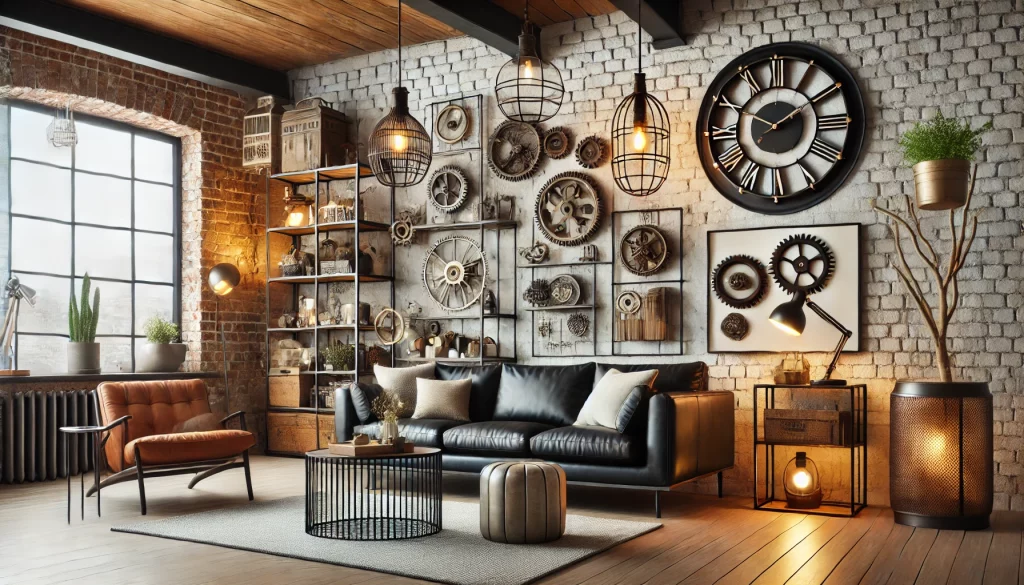 A Modern Living Room Featuring Unique Industrial Decor Items