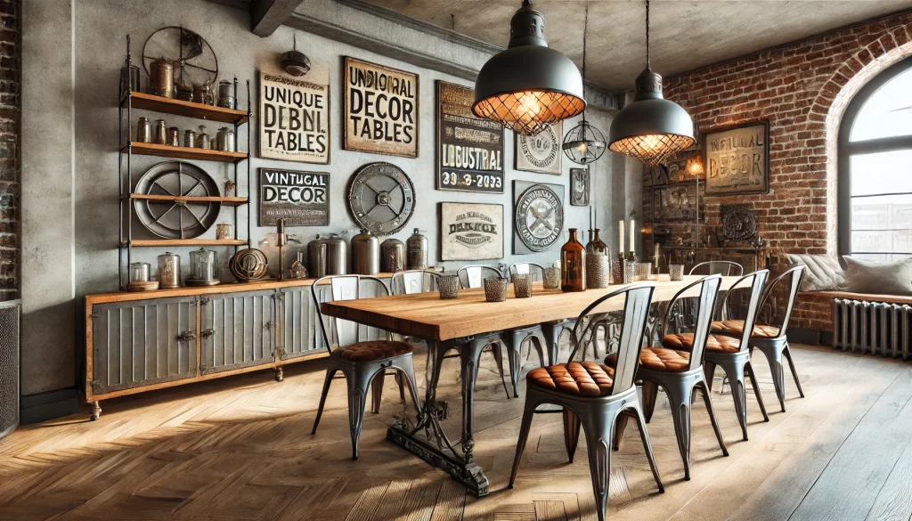 A Dining Room Featuring Unique Industrial Decor Items