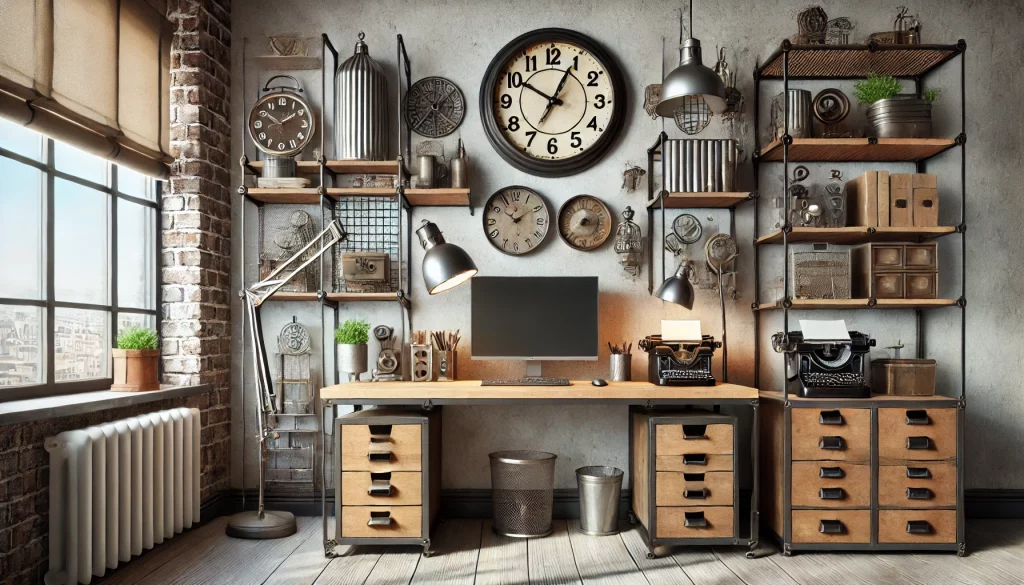 A Stylish Home Office With Industrial Decor Items