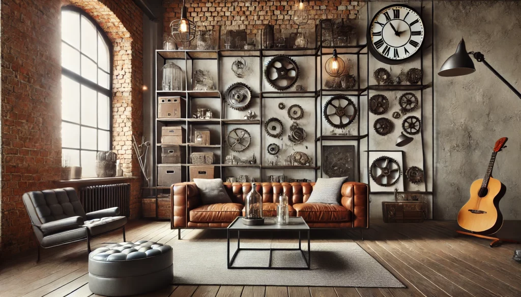 A Modern Living Room Showcasing Unique Industrial Decor Items