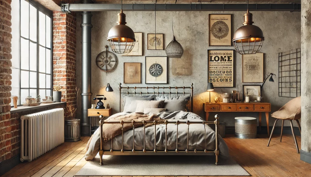 A Cozy Bedroom Featuring Industrial Decor Accessories